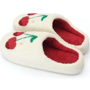 Ashland Cream Cherry Fuzzy Kids Slippers with Red Lining